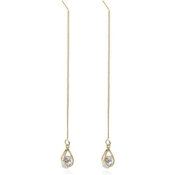 Gold 925 Sterling Silver Threader Earrings CZ Droplet Chain Dangle Earrings Gift - Picture 5 of 6